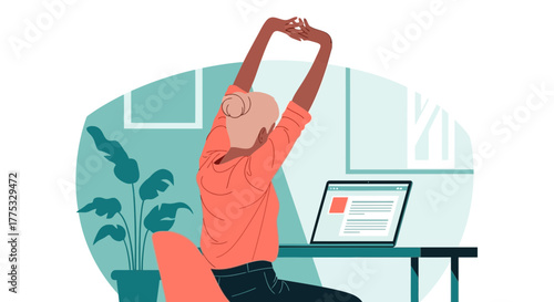 Woman Stretching While Working at Her Desk, Taking a Break For Wellbeing And Health