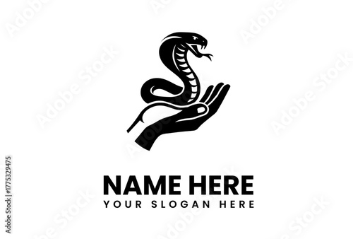 Elegant black and white graphic illustration featuring a majestic cobra snake poised on a human hand, symbolizing control, wisdom, protection, and the powerful connection between humans and nature