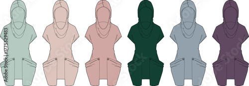Fashion design flat sketches of hooded dresses in multiple pastel and dark colors