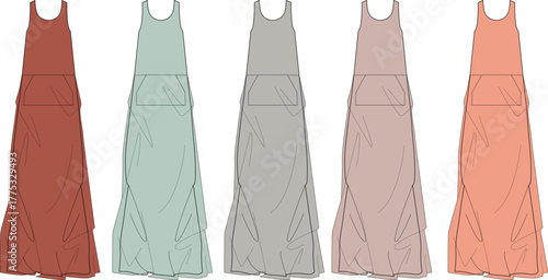 Fashion illustration of a set of five stylish women's sleeveless maxi dresses or apron dresses, presented in different contemporary color palettes for apparel design and textile development