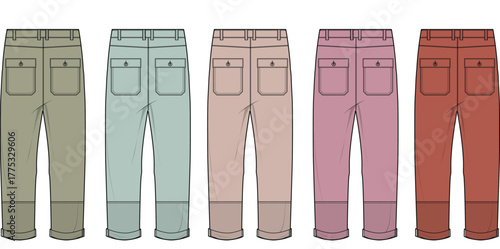 Colorful collection of casual women's pants shown from the back view, featuring a variety of pastel and earth tone shades in a flat vector illustration style