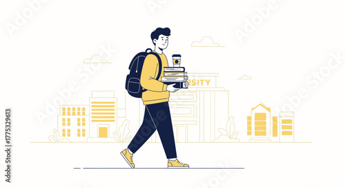 Student With Books And Beverage On Campus Towards University Building Illustration