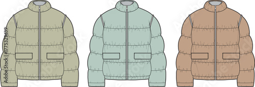 Collection of trendy puffy jackets in various colors, perfect for casual winter wear and fashion