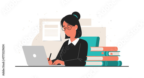 Study And Work Graphic Depicting A Woman Writing With Computer And Reading