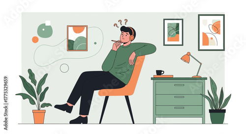 Thoughtful Individual with Headphones Contemplating in a Relaxing Contemporary Space