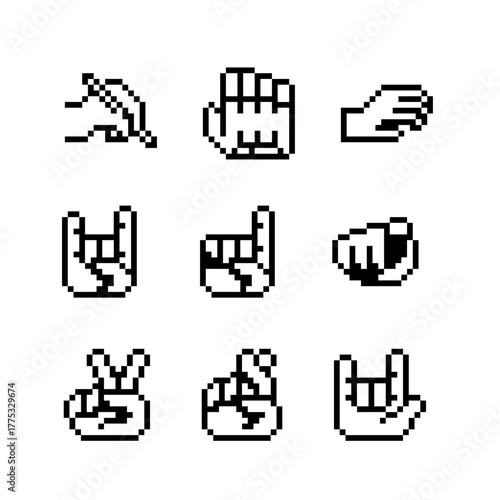 Set of pixel hand gesture icons including peace, rock, fist, point, ok, and open palm. Minimal monochrome design perfect for retro games, UI symbols, communication signs, or emotes.