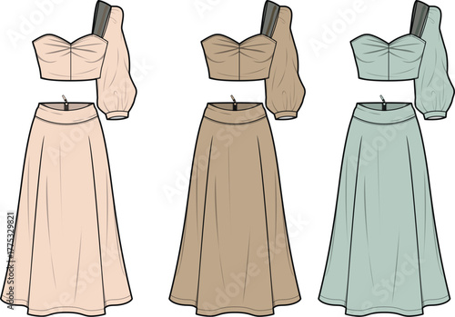 Fashion technical flat sketch of a stylish two-piece set with a one-shoulder puff sleeve top and A-line maxi skirt. Vector illustration apparel template