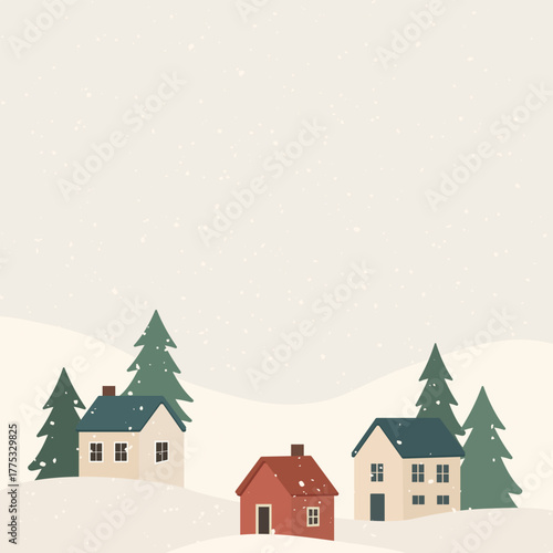 Winter scene with houses and trees in light snow
