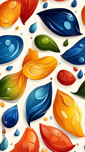 Colorful leaves and drops create a vibrant design.