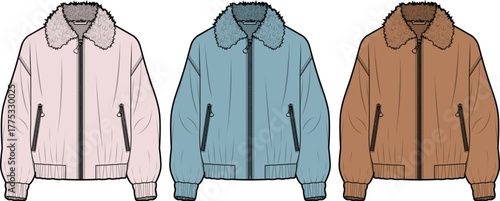 Fashion illustration of bomber jackets in various colors, detailed design for style concepts