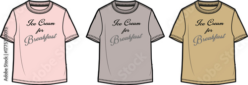 Three different colored t-shirts with the text 'Ice Cream for Breakfast' printed on them in a stylish font