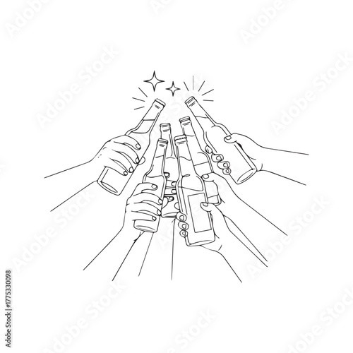 Cheers Celebration with Friends: Toasting with Beer Bottles
