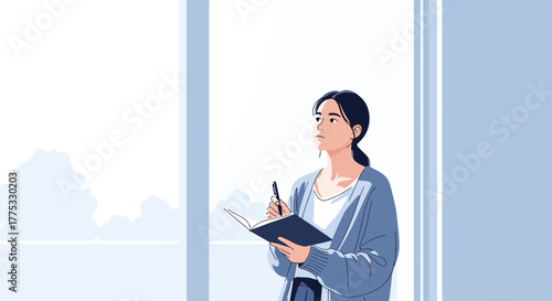 Woman Contemplating Near Window With Journal, Daydreaming, Inspiration and Sunlight