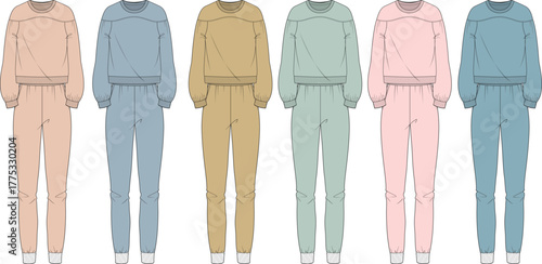 Collection of six pastel-colored sweat suit designs, featuring comfortable loungewear apparel for diverse styling, presented as flat technical fashion illustrations