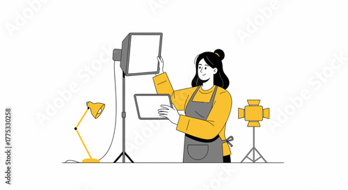Woman Controlling Lights Preparing For A Photoshoot, Minimalist and Flat Design Composition
