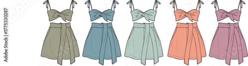 Collection of five stylish women's summer dresses in various pastel colors, each featuring a bow-tie bodice and a belted waist for a flattering silhouette