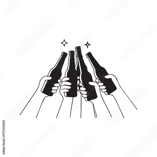 Cheers Celebration with Friends: Toasting with Beer Bottles
