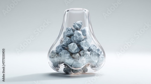 Transparent glass vase shaped as human nose filled with gray stones, respiratory health concept