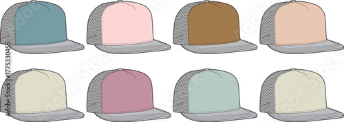 Eight blank flat brim trucker hats in various colors with mesh backs. This versatile vector illustration is ideal for apparel design, branding, and customizable headwear mockups