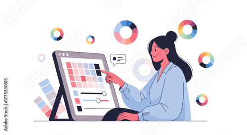 Woman Designing Colors And Using High-Tech Tools, A Digital Graphic Design Concept