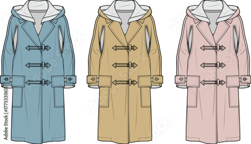 Collection of stylish duffle coats in various colors, perfect for fashion design, winter apparel catalogs, and casual outerwear concepts, showcasing modern garment templates