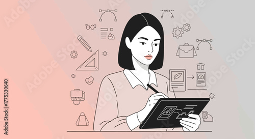 Woman Designing Graphics on a Tablet, Creative Process Concept, Vector Illustration