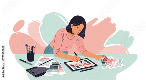 Woman Designing on Tablet Surface: Creative Process and Color Palette, Graphic Design