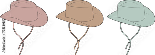 Set of three isolated wide-brimmed adventure hats in different colors. A stylish collection of headwear accessories for outdoor activities and travel