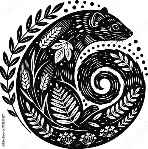 Black and white weasel illustration with floral elements vector design eps silhouette