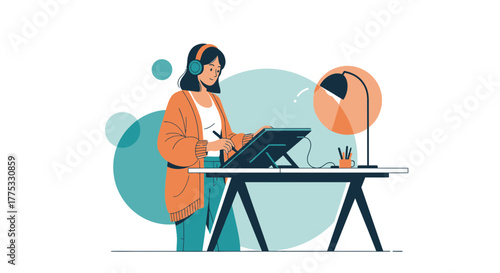 Woman Designing Using Graphic Tablet While Listening Music On A Modern Designed Office