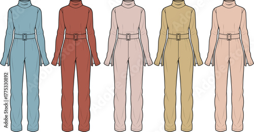 Five stylish women's jumpsuits in various colors, each with a turtleneck and belt, fashion apparel design