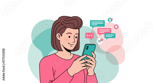 Woman Engaged in Digital Communication Via Smartphone With Messaging Bubbles Around