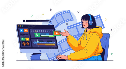 Woman Editing Video Content Using Computer Software, Making Creative Productions