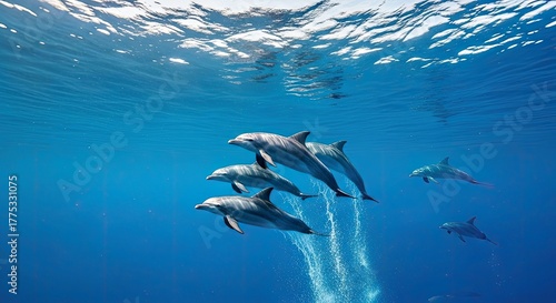 Fototapeta Naklejka Na Ścianę i Meble -  A Playful Pod of Dolphins Gracefully Leaping in Crystal-Clear Ocean Waters