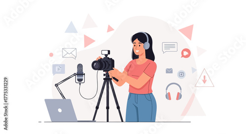 Woman Filming Video With Camera, Microphone, And Headphones For Online Content Creation