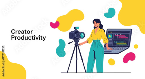 Woman Films A Video With Camera And Computer In A Modern Style Illustration