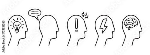 Minimalistic heads, hand drawn symbol set brain bulb mind, intelligent, sketch avatar idea cognitive, learning vector icon