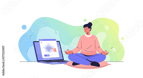 Woman Meditating While Using A Computer Program For Mindfulness And Relaxation Online
