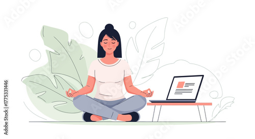 Woman Meditating Whilst Working From Home Promoting Wellness And Technology