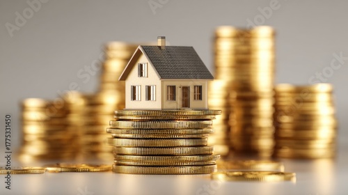 Miniature house model sitting on stack of gold coins representing financial stability wealth concept