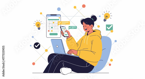 Woman Organizes Schedule Using Laptop and Smartphone, Displaying Project Time Management