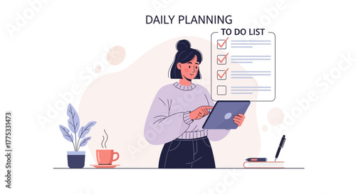 Woman Organizes Daily Schedule Using Tablet with Agenda, Task List and Coffee on Table