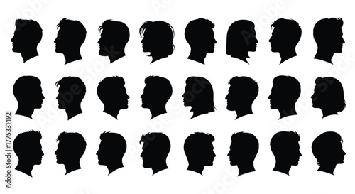 A diverse compilation of human head profiles in silhouette, featuring anonymous male and female faces presented in a clean minimalist graphic style, ideal for design projects