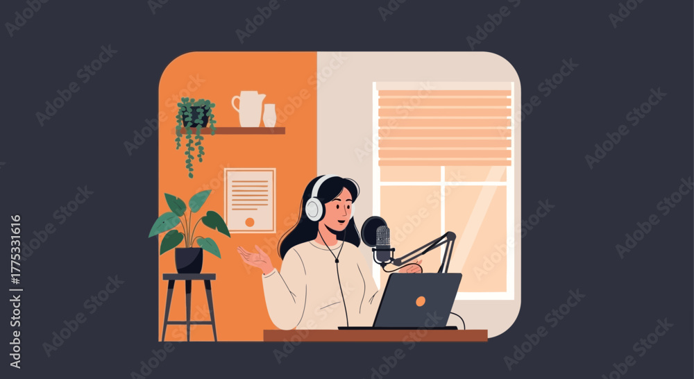 Fototapeta premium Woman Podcasting From Home Creating Audio Content Into Microphone Near Laptop