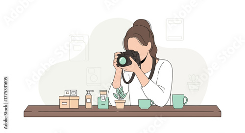 Woman Photographer Taking a Photo of Objects, Minimalist Illustration, Flat Design
