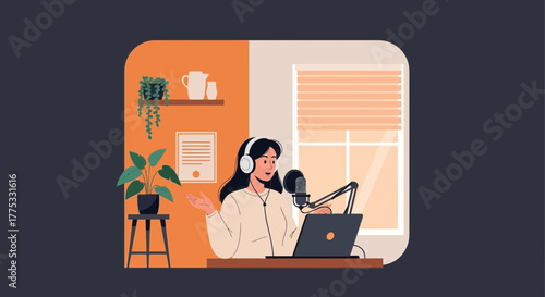 Woman Podcasting From Home Creating Audio Content Into Microphone Near Laptop