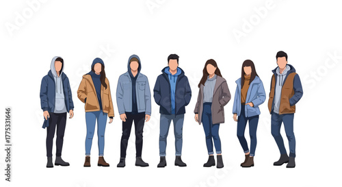 An illustrative concept depicting a diverse group of young adults showcasing modern casual winter fashion styles, perfect for seasonal outfit ideas and character design for various projects