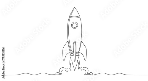 One continuous line drawing of a soaring rocket launching into space, symbolizing progress, innovation, and ambitious startup success