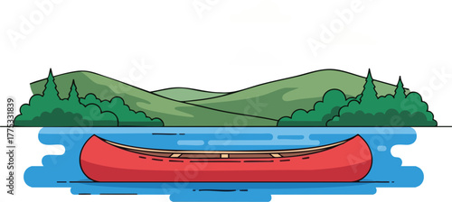 Scenic Lake with Red Canoe Vector Illustration for Outdoor Adventures