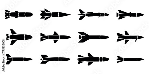 Collection of flat design black missile icons on a white background, perfect for war and military themes